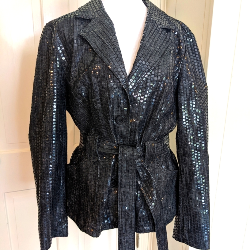 ATTYRE NEW YORK, Charcoal belted jacket, pockets, almost a snakeskin fab…